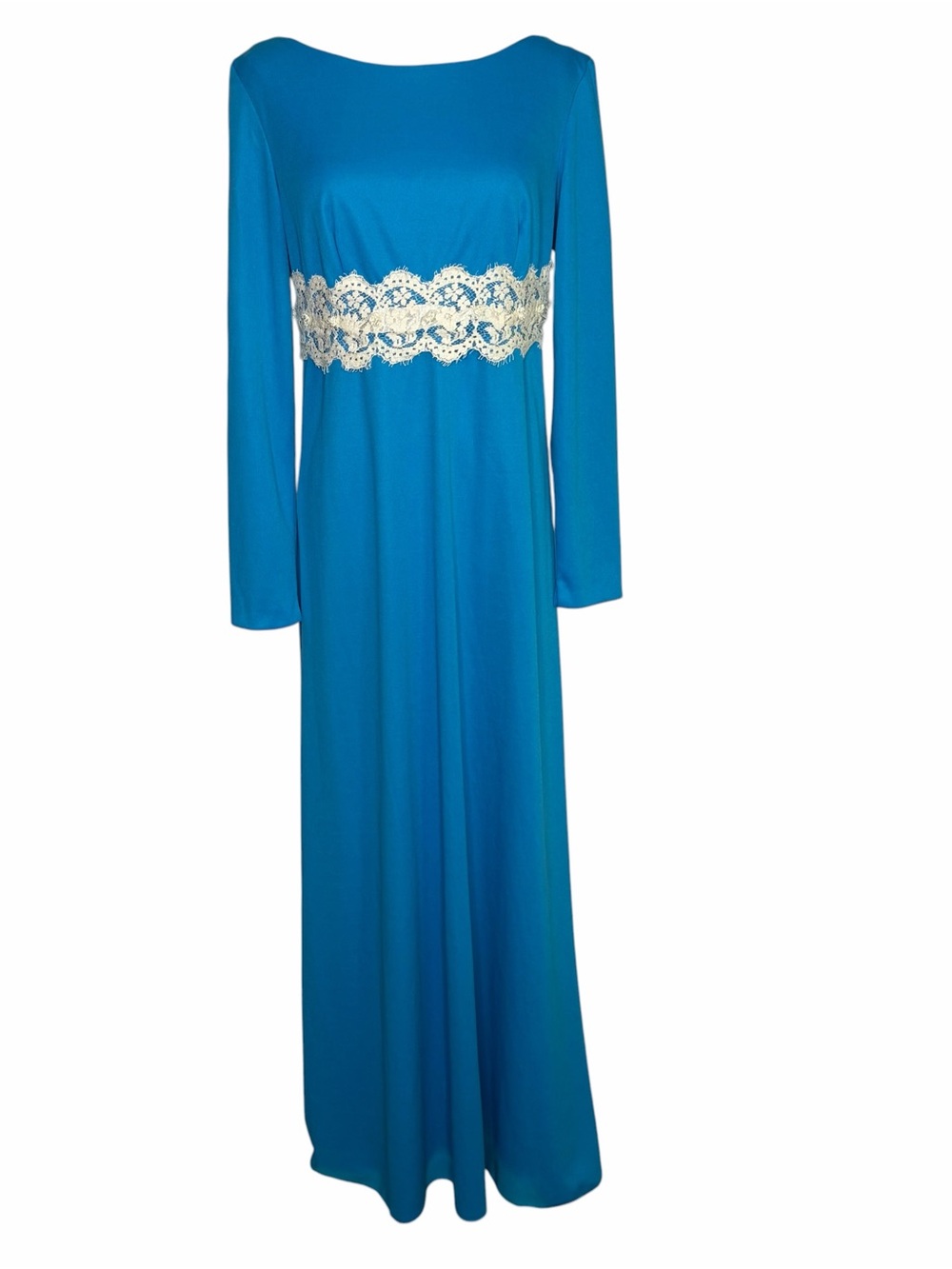 VTG 70s Blue Lace Trim Long Sleeve Maxi Dress Retro Boho Mod formal